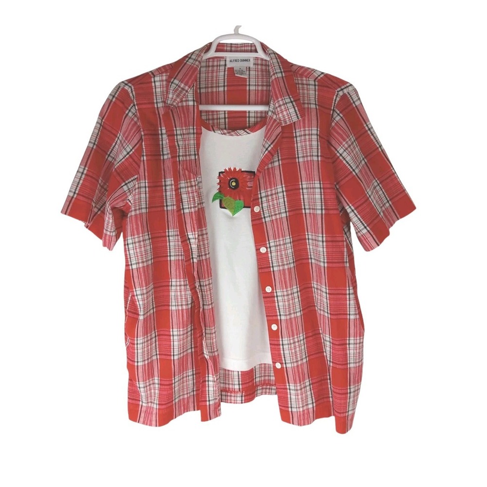 Alfred Dunner Womens Button Up Shirt Red Plaid Short Sleeve Layered Size 16